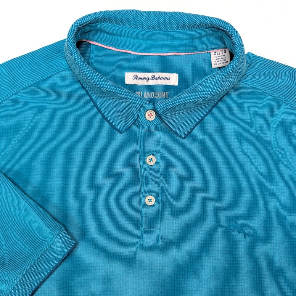 Tommy Bahama IslandZone Mens XL Teal Blue Ribbed Short‎ Sleeve Polo Shirt Marlin